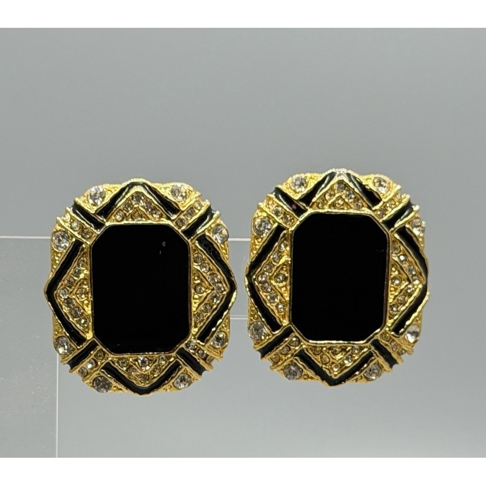Vintage Gold‎ Tone Black Enamel Center Clear Rhinestone Panel Design Clip On - Picture 7 of 11